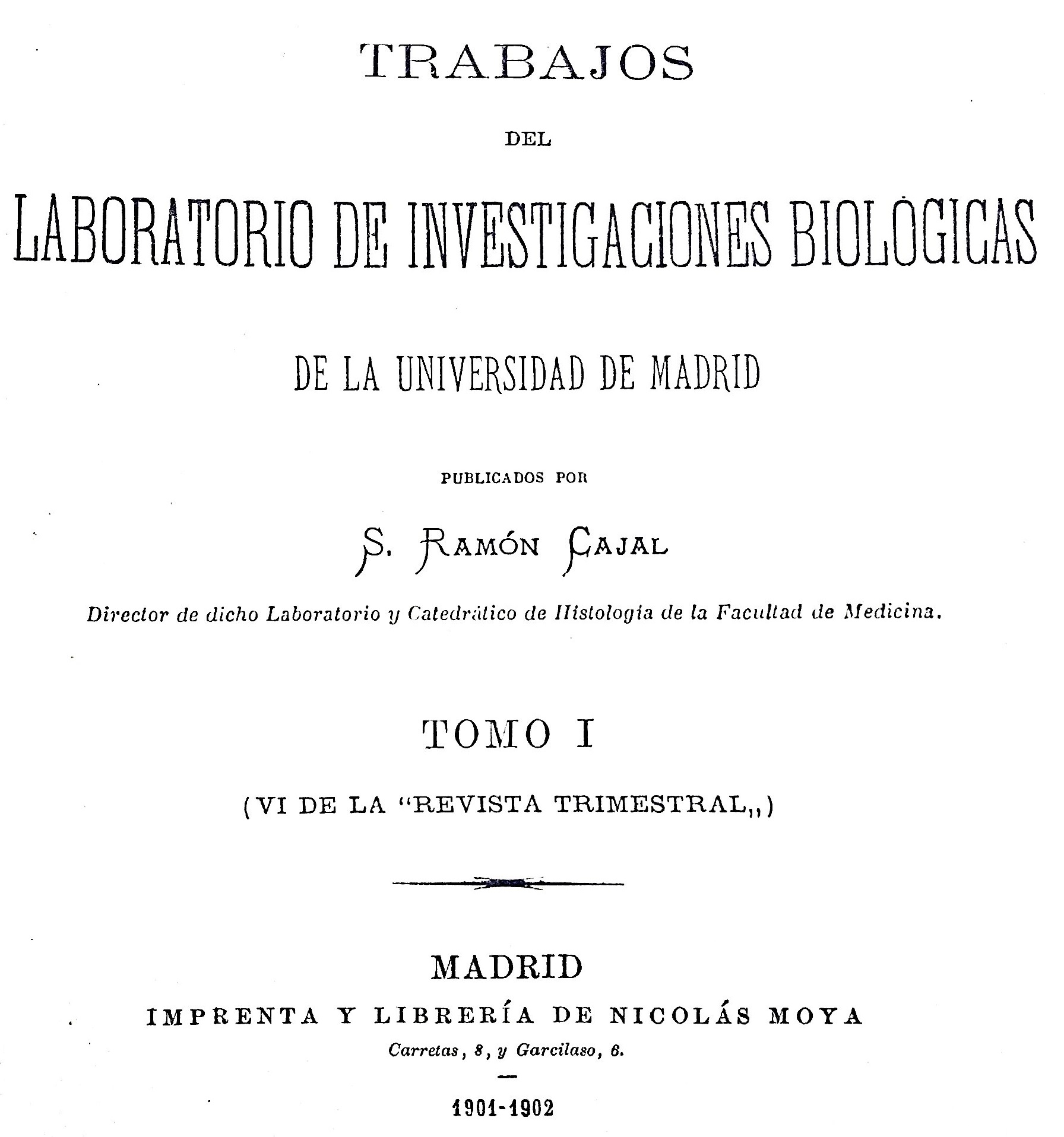Portada del primer número de Trabajos del Laboratorio de Investigaciones Biológicas (1901-1902). Editado por la Librería Nicolás Moya.