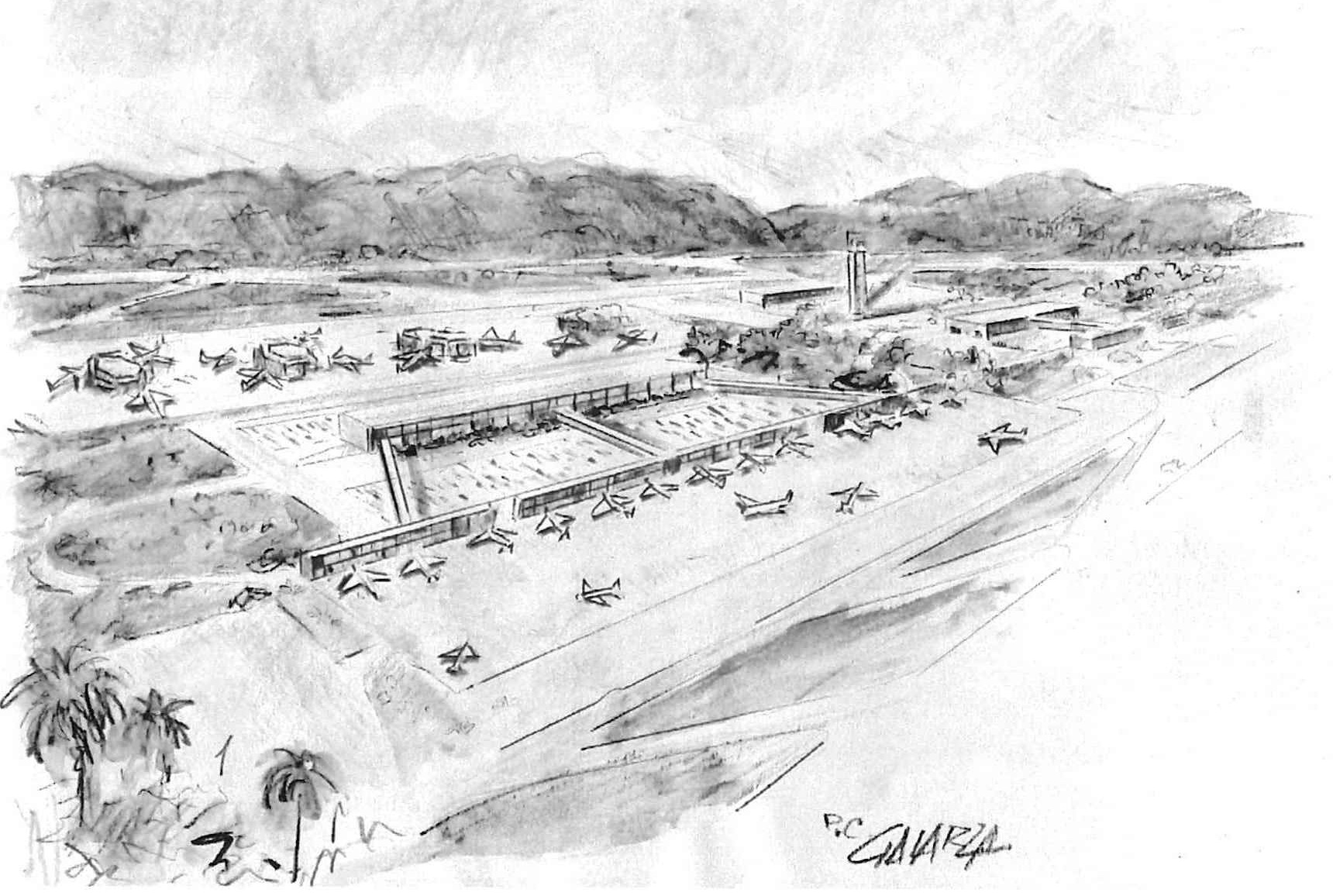 Proyecto de terminal no ejecutado del aereopuerto del Sur de Tenerife y que fue ideado por César Manrique. La imagen es un dibujo elaborado por Juan Galarza Cabrera