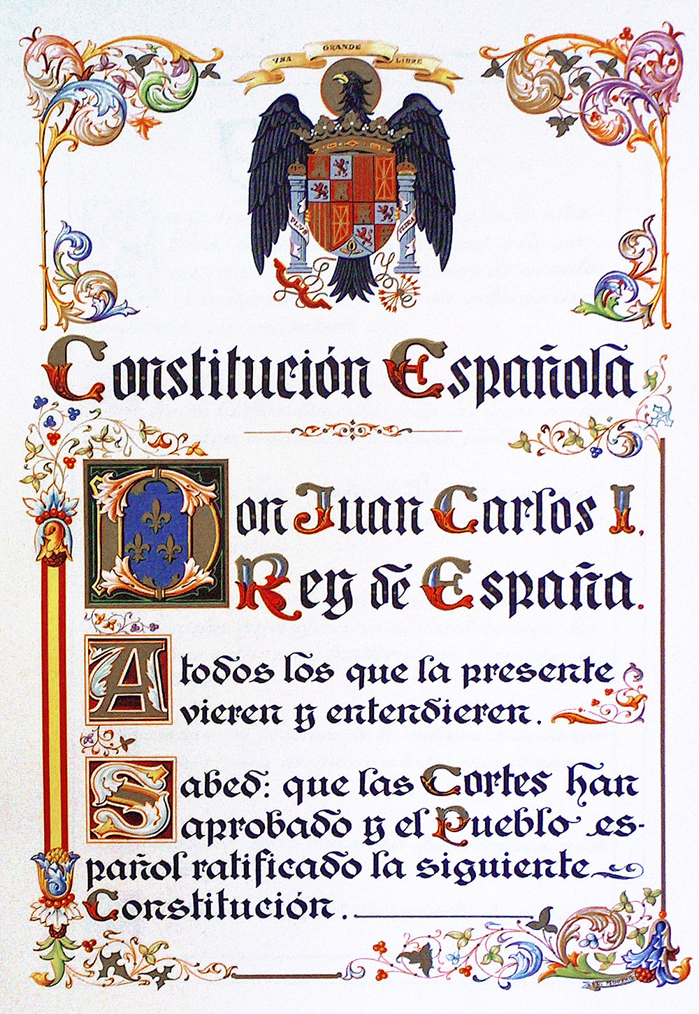 Facsímil de la Constitución encargado al calígrafo Luis Moreno por las Cortes en 1979. Ablasj. Wikipedia