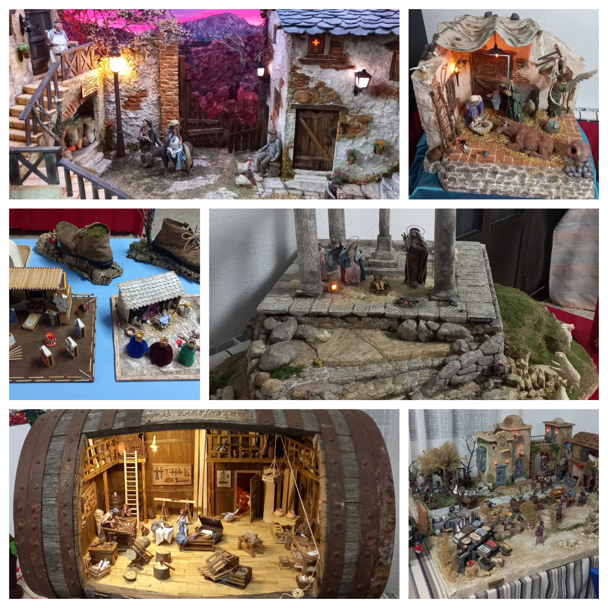 Collage de belenes artesanales exhibidos en La Torre (Ávila), mostrando diversas escenas navideñas con figuritas, paisajes y elementos decorativos como casas y personas.