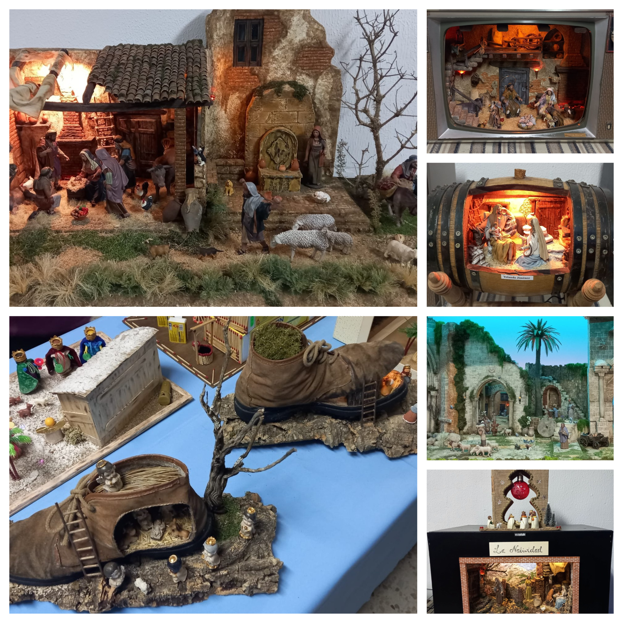 Exposición de belenes artesanales en La Torre, Ávila, que muestra escenas del nacimiento de Jesús con detalles elaborados.