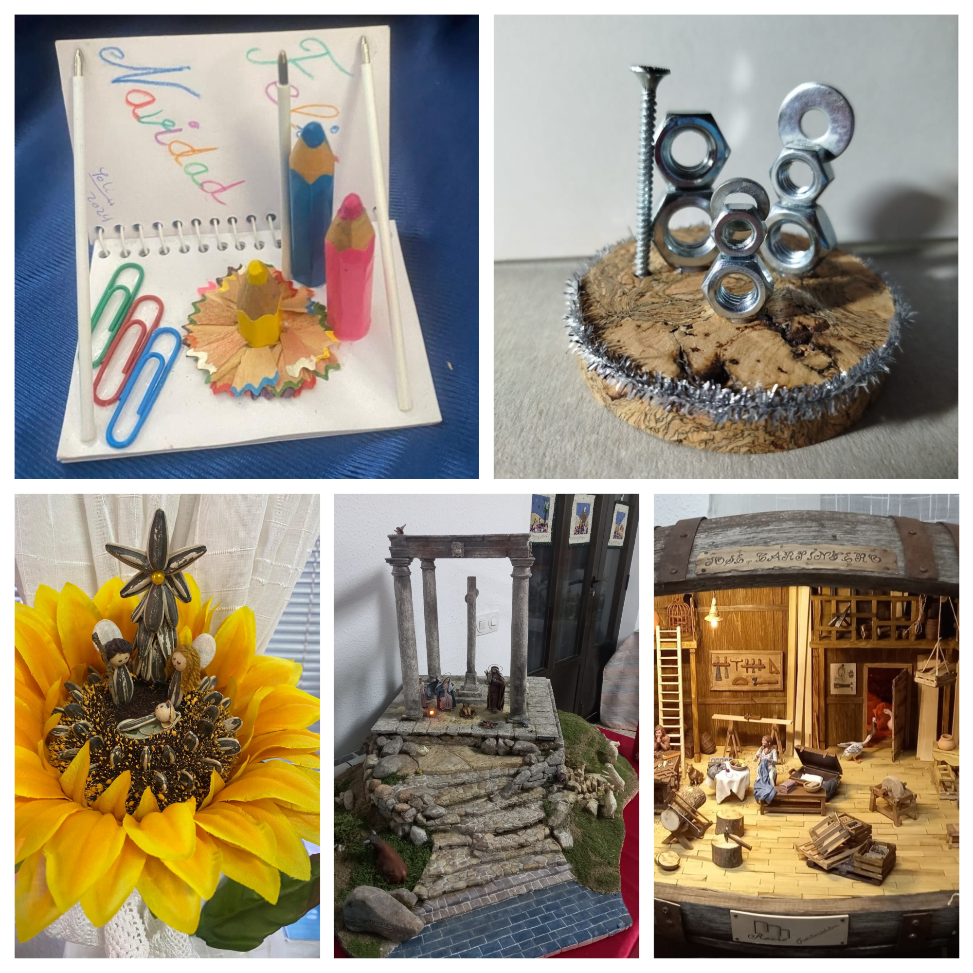 Collage de belenes navideños artesanales, incluyendo un nacimiento hecho con materiales reciclados como clips y tornillos, una figura central de un girasol con elementos de belén, una escena de diorama con un templo antiguo y una representación de una escena cotidiana navideña.