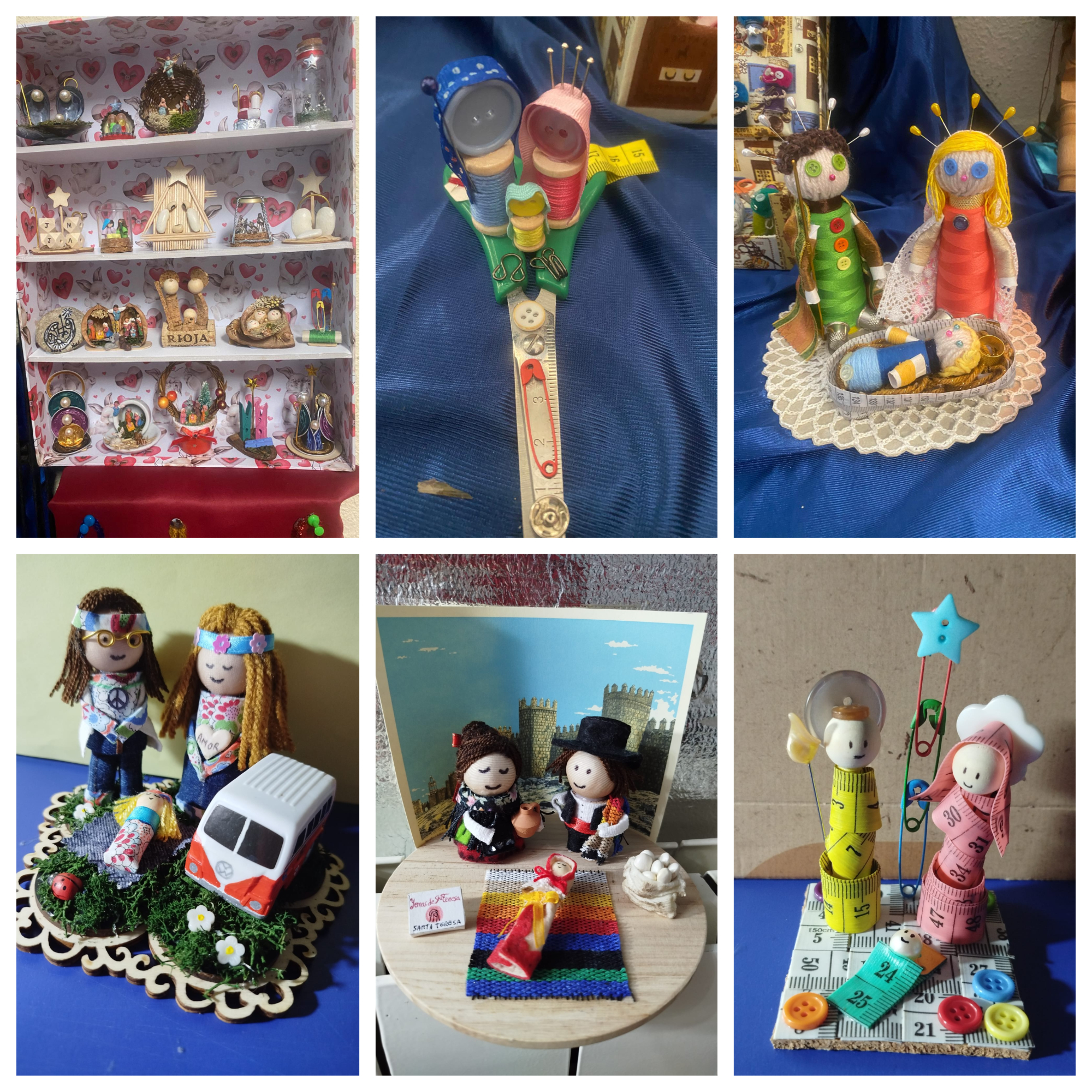 Exposición de belenes artesanales en La Torre, Ávila, mostrando distintas composiciones elaboradas con materiales diversos como hilos, botones y objetos reciclados.