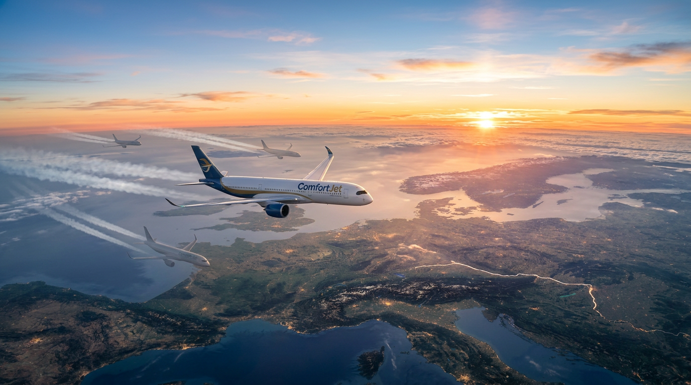 Commercial airplanes flying over a landscape with sunset and contrails