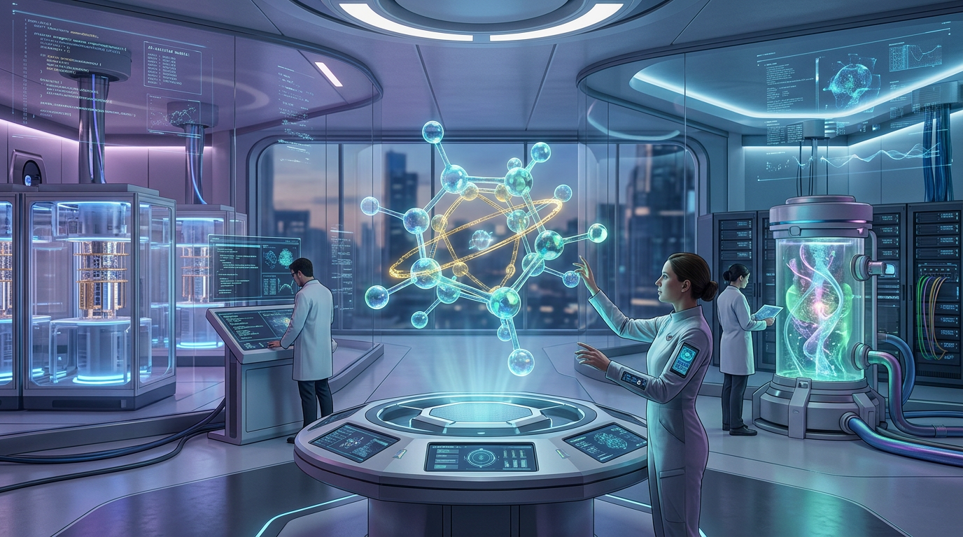 Scientists using holographic displays to study molecular structures in a high-tech lab
